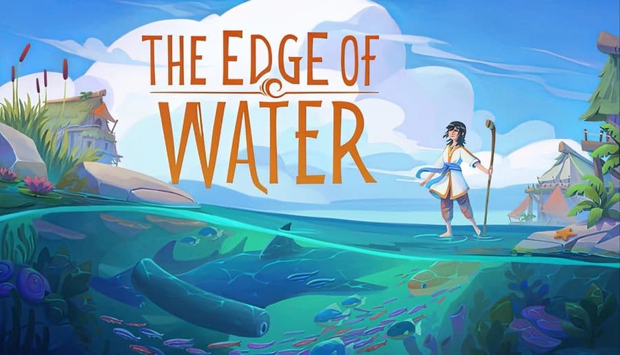 The Edge of Water: young woman surfing on turquoise waves near a floating village with huts, flags, and cliffs.