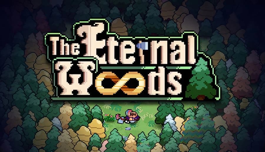 The Eternal Woods: pixel adventurer holding an axe beside a small campfire deep in dense evergreen forest canopy.