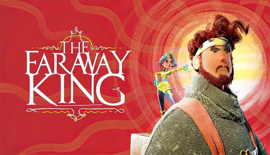 The Faraway King: blue-haired young woman in yellow suit reaches toward bearded man in scarf on red swirls background.