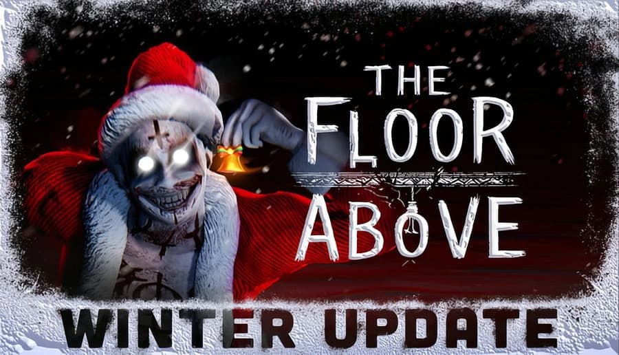 The Floor Above: Skeleton dressed as Santa, holding a glowing ornament, surrounded by snow in a dark, mysterious setting.