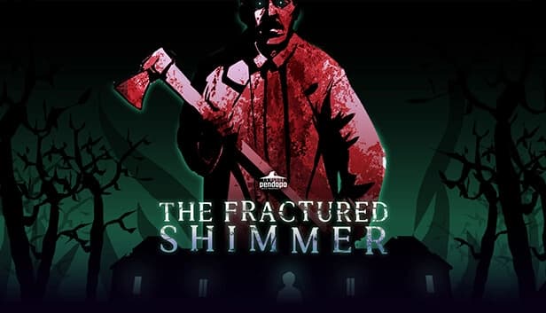 A blood-covered man with an axe stands menacingly in a shadowy forest, silhouetted against a mansion.