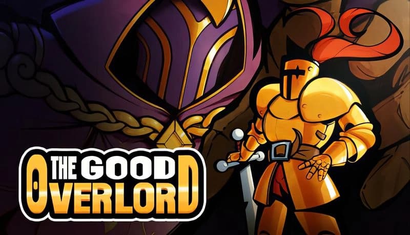 The Good Overlord: Armored knight with sword faces mysterious figure in a dark setting with vibrant colors and shadows.