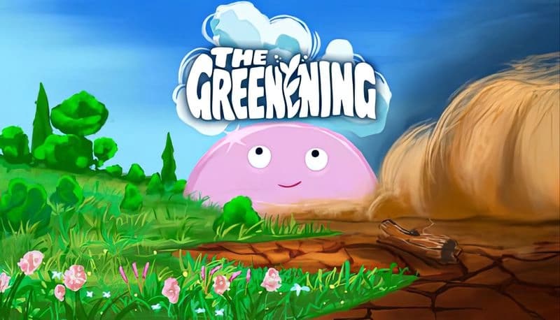 The Greenening: Pink blob with face in lush garden, blue sky backdrop, fluffy clouds, vibrant greenery, and colorful blooms.