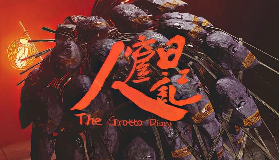 The Grotto Diary: young girl in gray robe stands before towering stone hands and red lantern glow in darkness.