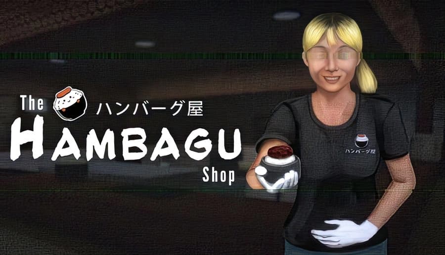 The Hambagu Shop: smiling blonde woman holds a hamburger plate behind a counter in a dark restaurant interior.
