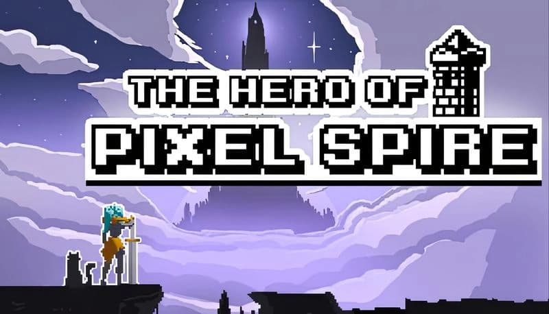 The Hero Of Pixel Spire: Young woman with sword stands on cliff, gazing at distant tower under starry sky with clouds.
