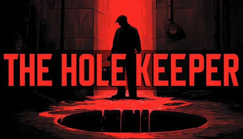 The Hole Keeper: A silhouette of a man stands in a sewer, shadowed by red light, beside a grated hole with flowing liquid.