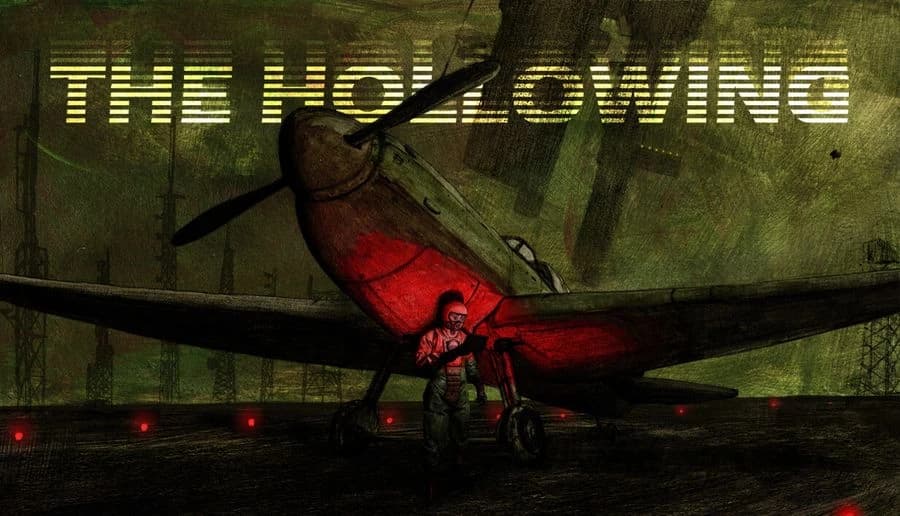 The Hollowing: small propeller plane with red-lit cockpit parked in dark hangar, pilot crouched by nose gear.