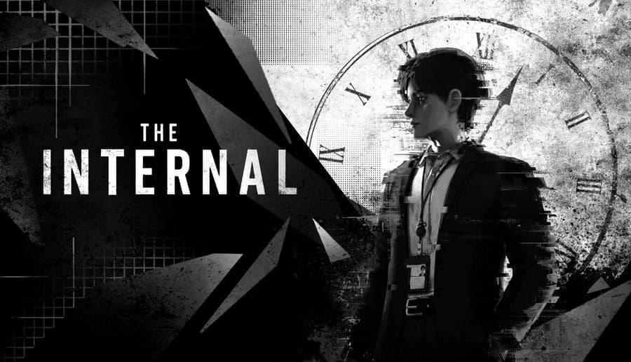 The Internal: Office worker man in suit with lanyard stands by shattered glass and clock face on stark backdrop.