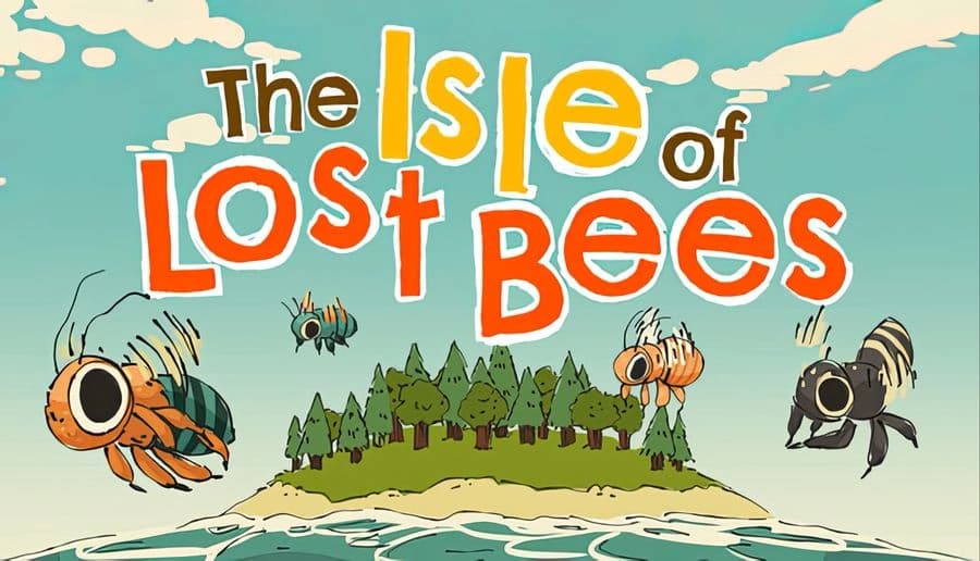 The Isle of Lost Bees: cartoon bees flying around island with pine trees, ocean waves, and clouds overhead.