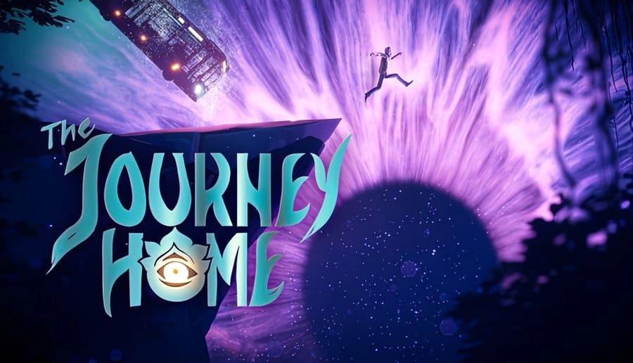 The Journey Home: silhouetted person leaps above a glowing purple vortex at night in a forest clearing with stars.