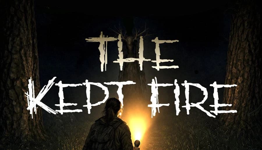The Kept Fire: Woman with dark hair faces a bright campfire beneath tall trees as a shadow figure looms above.