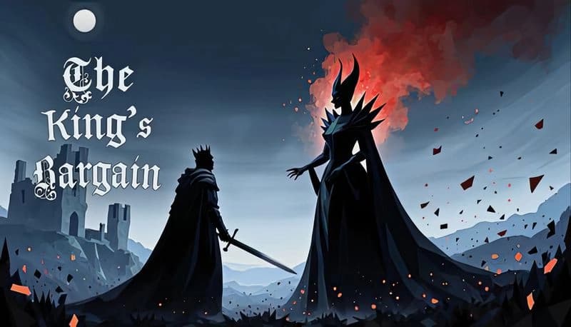 The King's Bargain: A crowned man with a sword faces a horned figure at twilight, surrounded by dark ruins and falling embers.
