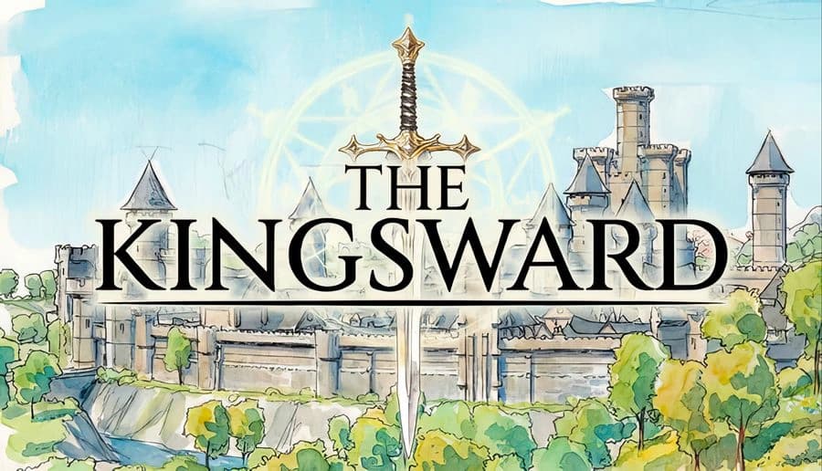 The Kingsward: Sword rising behind bold title over pastel castle towers and green treetops under a blue sky.