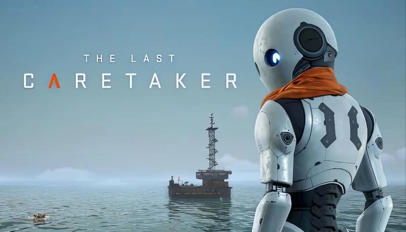 The Last Caretaker: A robot with an orange scarf overlooks a vast ocean with distant structures under a clear sky.
