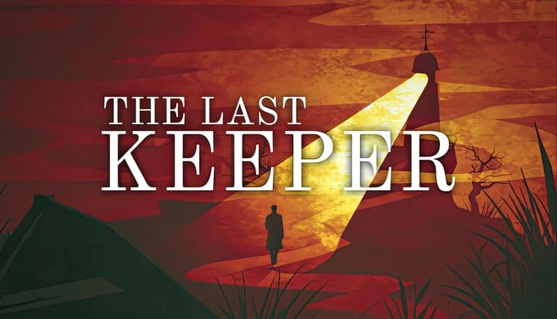 The last keeper: Silhouette of a person walking toward an illuminated lighthouse under a red, cloudy sky, amidst barren trees.