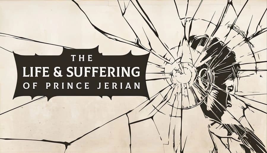 The Life and Suffering of Prince Jerian: Shattered glass with bullet hole cracks spreading across a beige background.