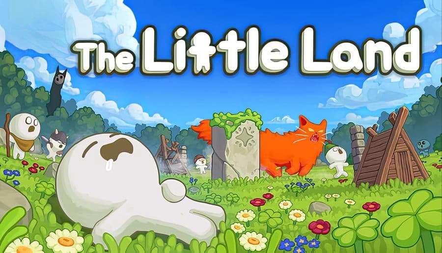 The Little Land: Tiny white villagers near a giant orange cat and cow on a grassy hillside with flowers and huts.