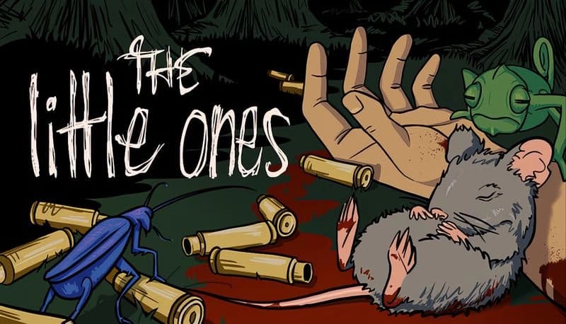 The Little Ones: A sleeping mouse, a resting chameleon, and bugs surround a hand amid spent bullet casings in a forest.