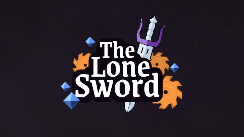 A stylized sword with a dark purple hilt rests against orange gears and blue crystals on a black background.