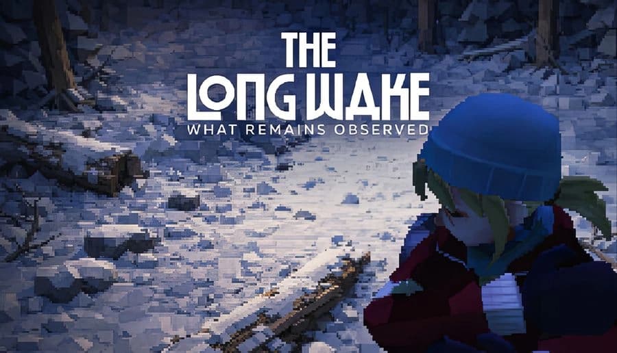 The Long Wake: young woman in blue beanie watches snowy stone ruins from behind on a foggy winter path.
