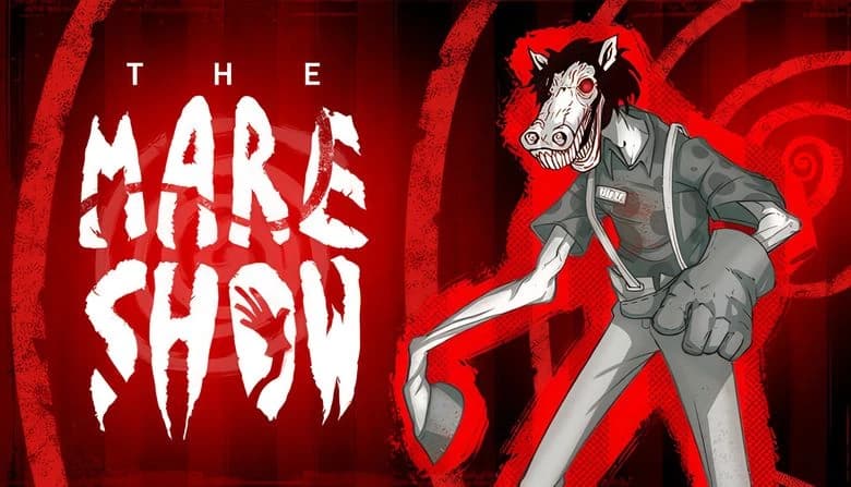 Humanoid horse creature with glowing red eyes, smiling, wearing overalls and one glove, stands in a red, eerie background.