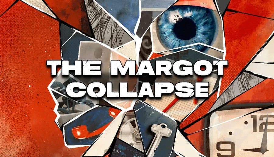 The Margot Collapse: Shattered office collage with papers, broken glass, and a blue eye peering through red fragments.