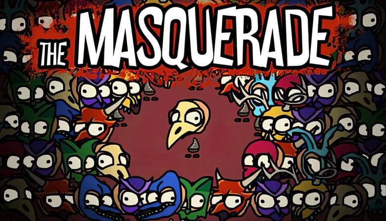 The Masquerade: Cartoon figures in colorful masks surround a central character with a yellow bird mask in a crowded scene.