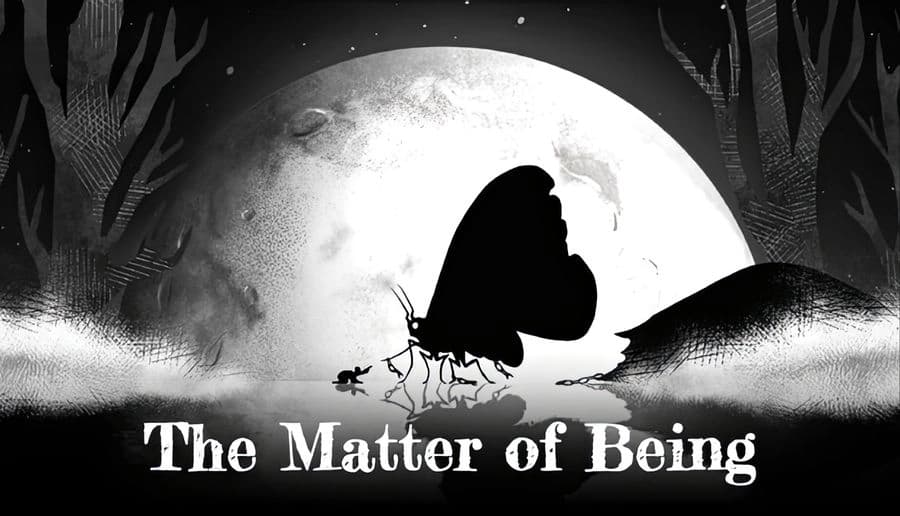 The Matter of Being: Black moth with pale legs stands before a huge full moon in a dark, misty forest.
