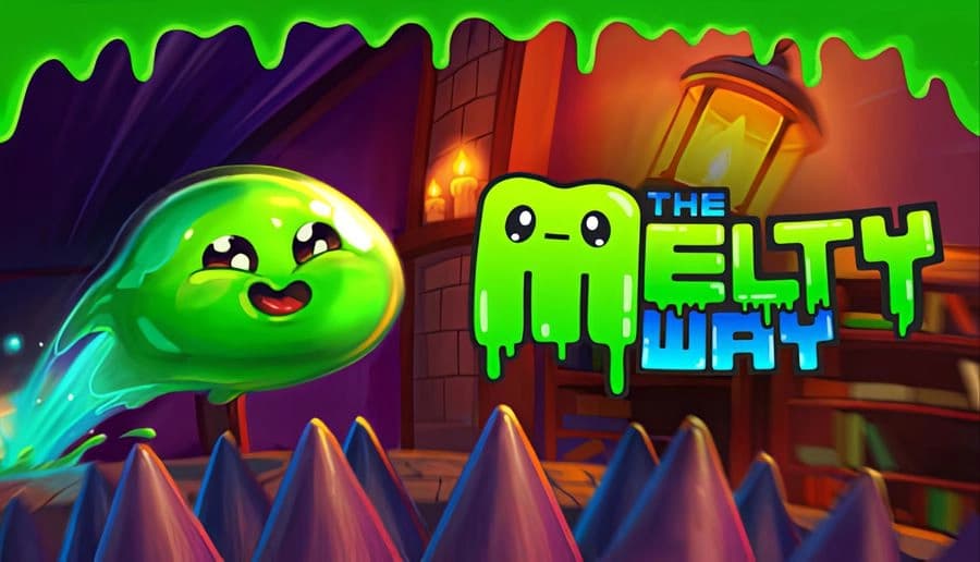 The Melty Way: smiling green slime leaps above spikes in a glowing cave corridor with lanterns and slime drips overhead.
