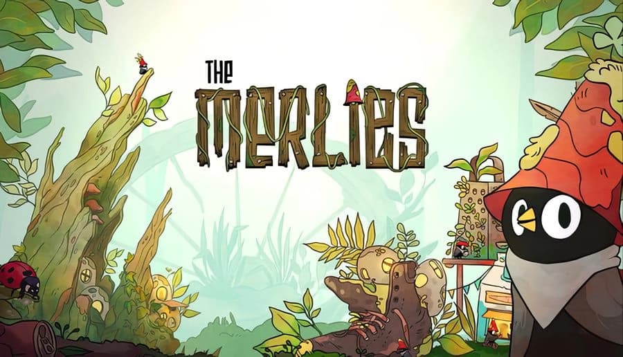 The Merlies: tiny masked bird in red cap beside title text, with tall grass and ladybug in foreground.