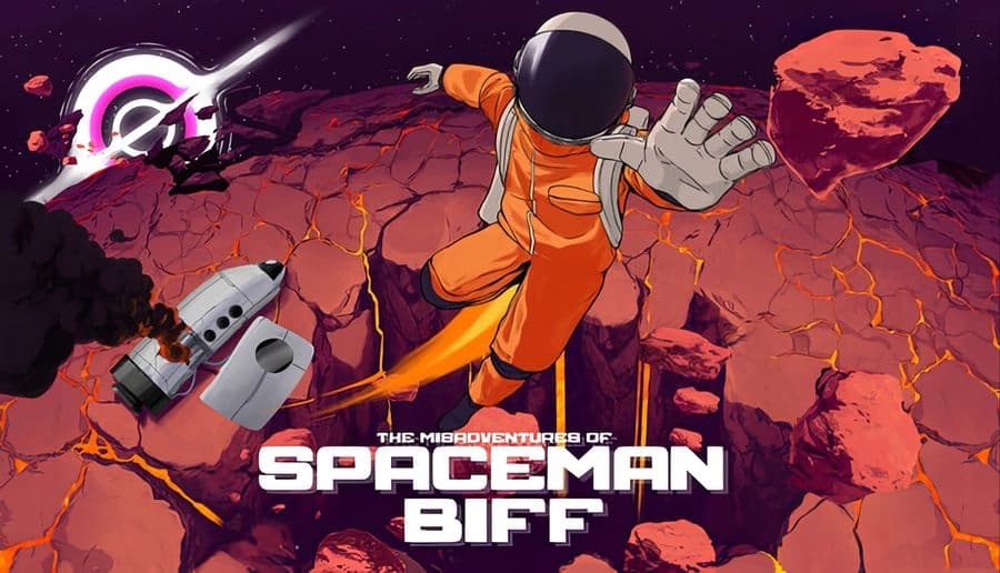 The Misadventures of Spaceman Biff: astronaut climbing cracked red rock ledge above wrecked ship on alien planet.
