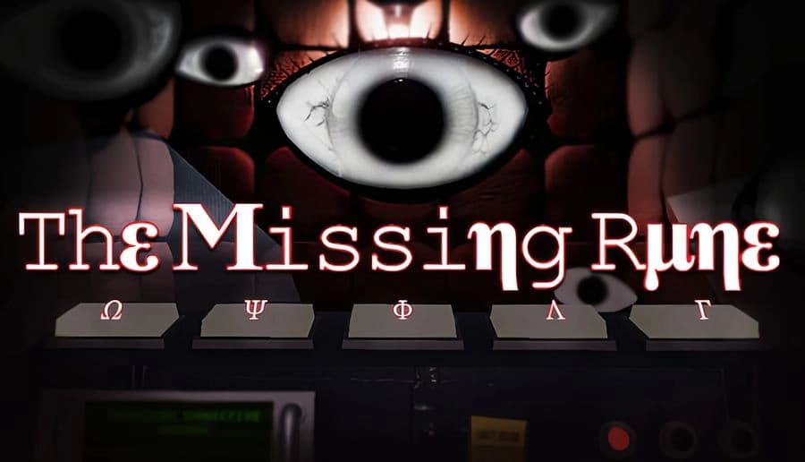 The Missing Rune: giant staring eye above a brick wall and rune-marked keyboard in a dark control room.