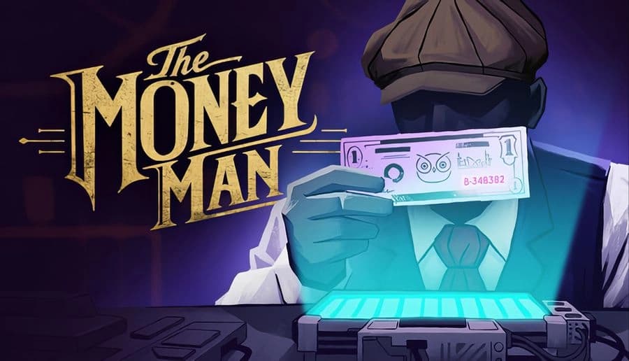The Money Man: gloved man holds a banknote over a glowing scanner at a desk in a dark backroom office scene.