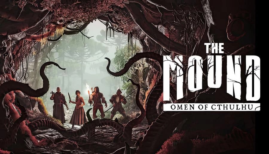 The Mound: Four explorers with torches and rifles face tentacles and roots inside a cave opening to jungle fog.