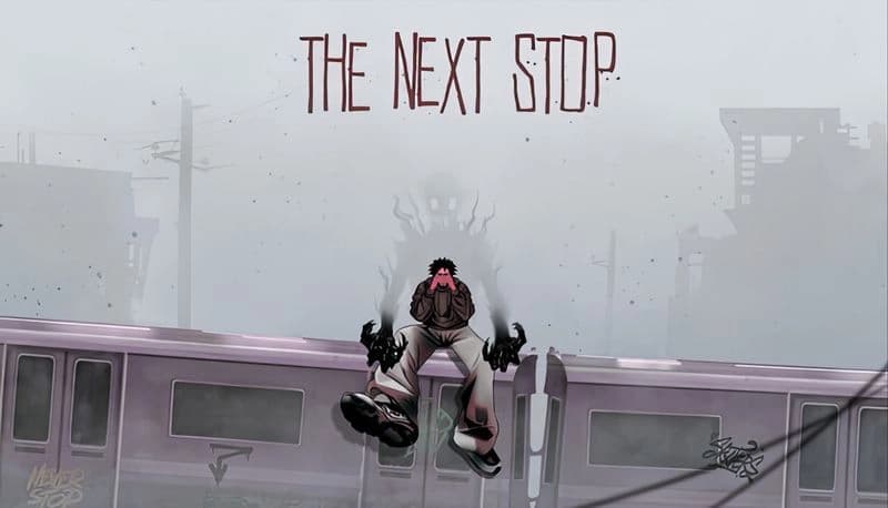 The Next Stop: Young man with dark hands on head sits atop a subway train in foggy cityscape with silhouetted buildings.