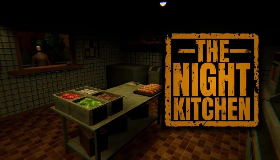 The Night Kitchen: empty prep table with chopped vegetables and raw meat trays in a dim tiled restaurant kitchen.