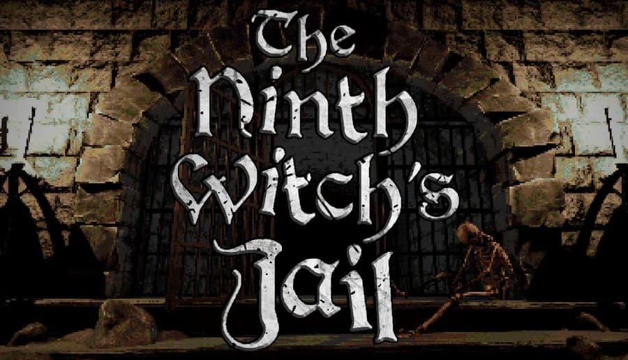 The Ninth Witch’s Jail: chained skeleton slumped by an iron gate cracked stone archway in dim prison corridor.
