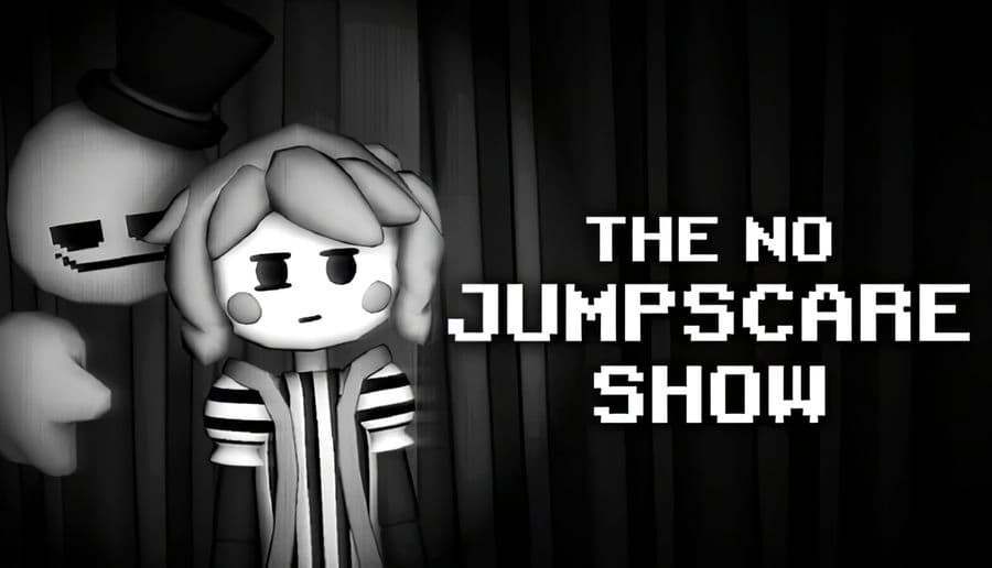 The No Jumpscare Show: sad cartoon girl with striped sleeves beside faceless giant in dark hallway with curtains.
