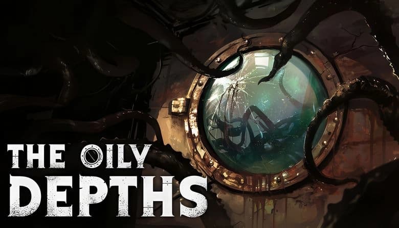 Tentacles reach towards a submarine porthole, partially blocking the view of dim underwater scenery as glass begins to crack.