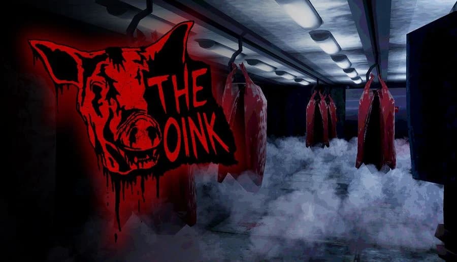 The Oink: bloody meat carcasses hang from hooks above foggy floor in a dim slaughterhouse corridor lit by lamps.