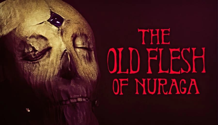 The Old Flesh of Nuraga: cracked skull with empty eye socket and exposed teeth beside red title on black background.