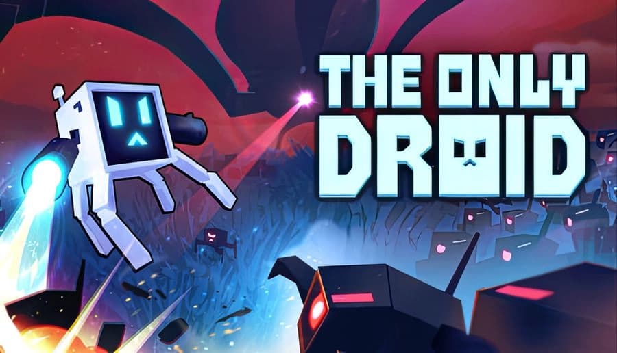 The Only Droid: small box-headed robot flying with blue jet trail over wrecked machines in neon battlefield at night.