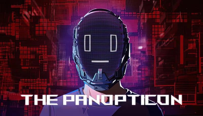 The Panopticon: Human with digital faceplate in futuristic, neon-lit setting with red and purple grid-like backdrop.