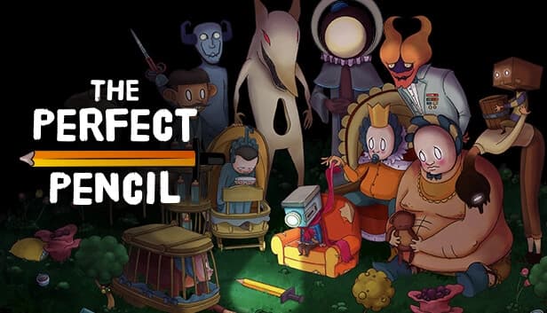 A boy with a camcorder head sits among fantastical creatures in a dark forest, eyeing a pencil sword.
