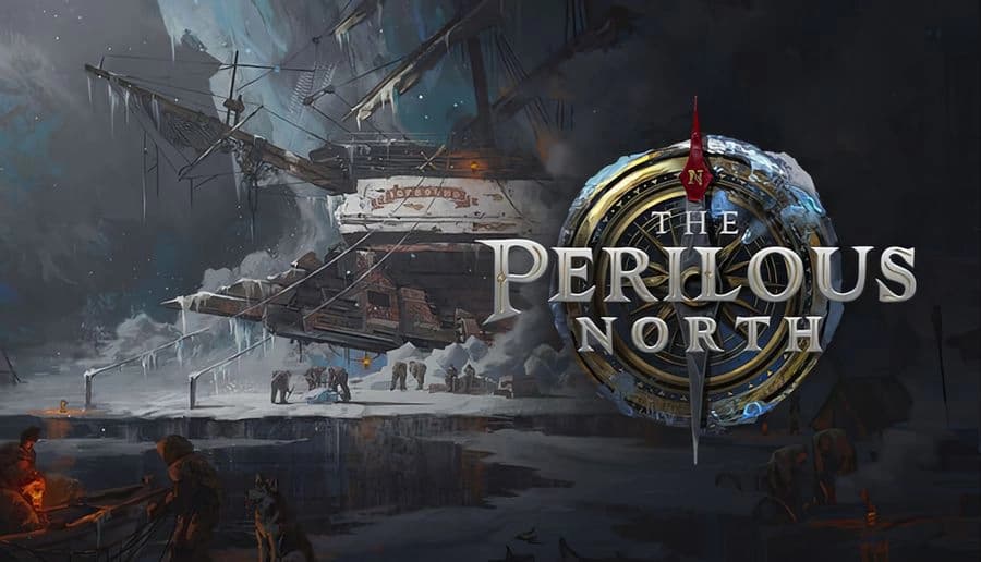 The Perilous North: snowbound research base with radio tower and crashed helicopter amid blowing ice and foggy hills.