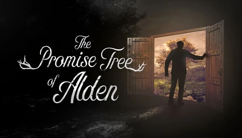 The Promise Tree of Alden: Silhouette of a man opening wooden door to a sunlit forest, revealing vibrant foliage and grassy path.
