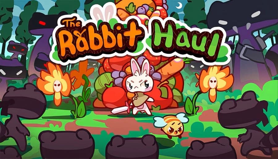 The Rabbit Haul: white rabbit with spear stands in flower garden, surrounded by dark raccoon-like critters at night.