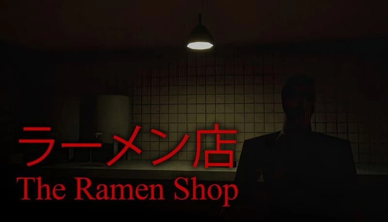 The Ramen Shop: Dark, tiled ramen shop interior with single pendant light; shadowy male figure stands near back wall.