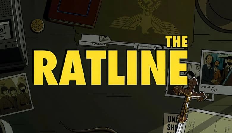 The Ratline: Detective tools, photos, and documents scattered on a dark desk, cross and folder visible in dim light.